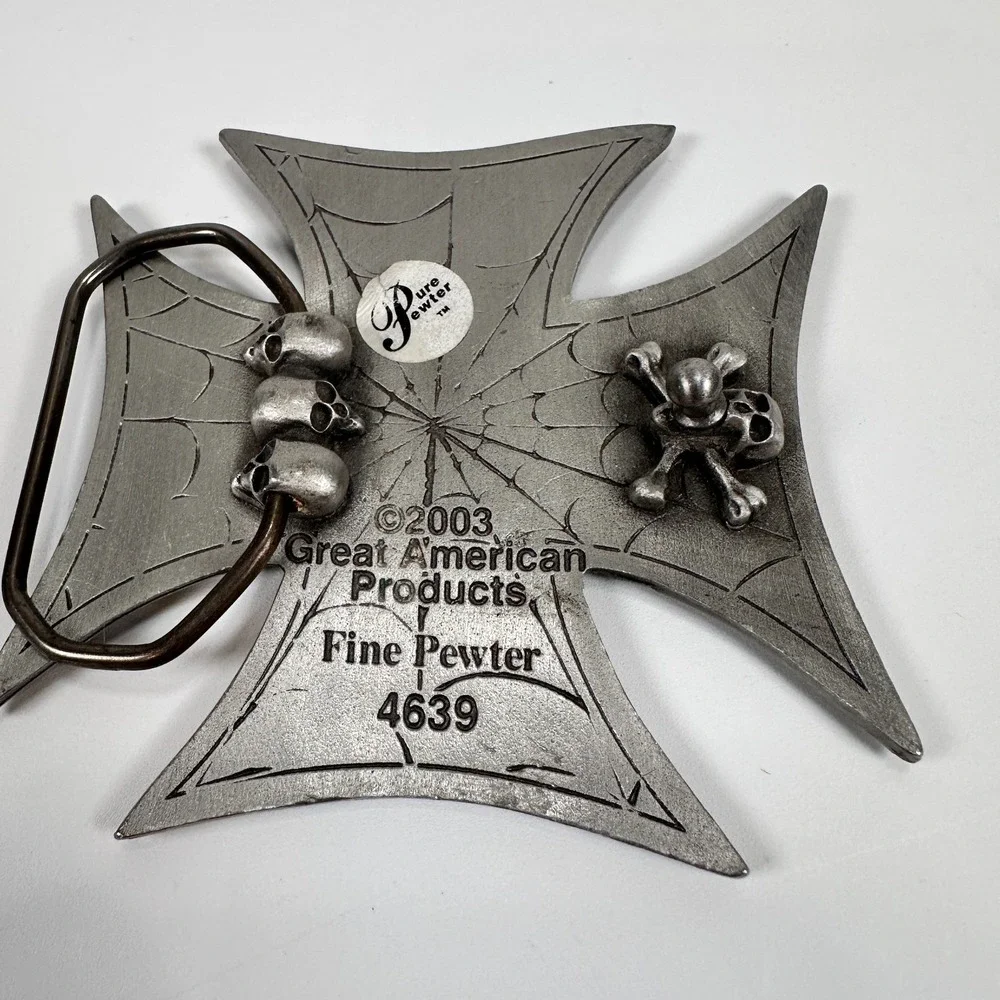 VTG BELT BUCKLE Spiderweb Iron Maltese Cross #4639 Pewter 2003 Black Skulls Goth